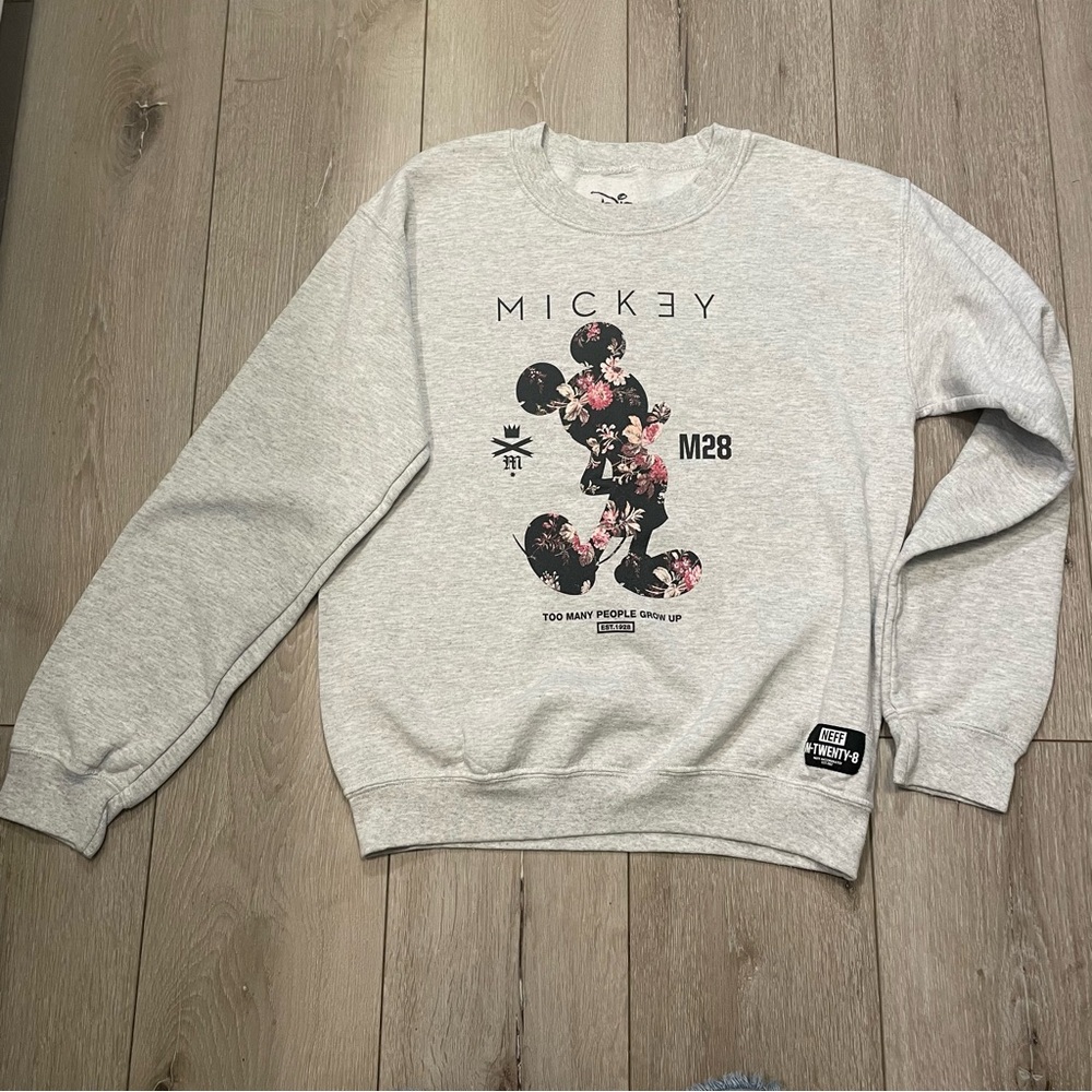 Neff x Disney Floral Mickey‎ Mouse Crewneck Sweatshirt Women Size Small Gray